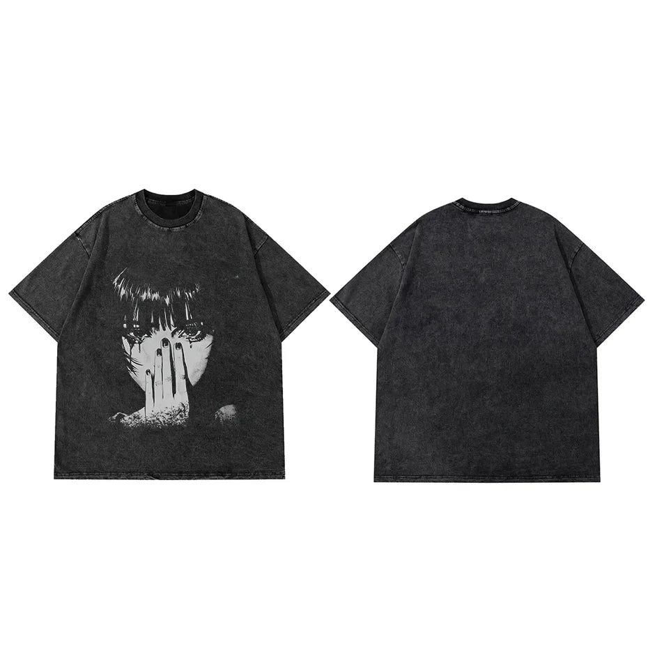 Black oversized cotton harajuku hip hop shirt streetwear graphic with distressed anime print summer black short sleeve top