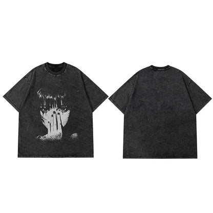Black oversized cotton harajuku hip hop shirt streetwear graphic with distressed anime print summer black short sleeve top