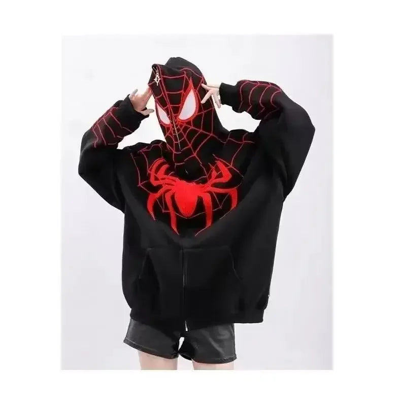 Black spider-man hoodie with red webbing and red spider emblem in gothic style full zip up y2k sweatshirt