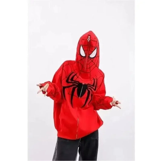 Red spider-man hoodie with black spider emblem and web pattern in gothic style full zip up for spring autumn wear