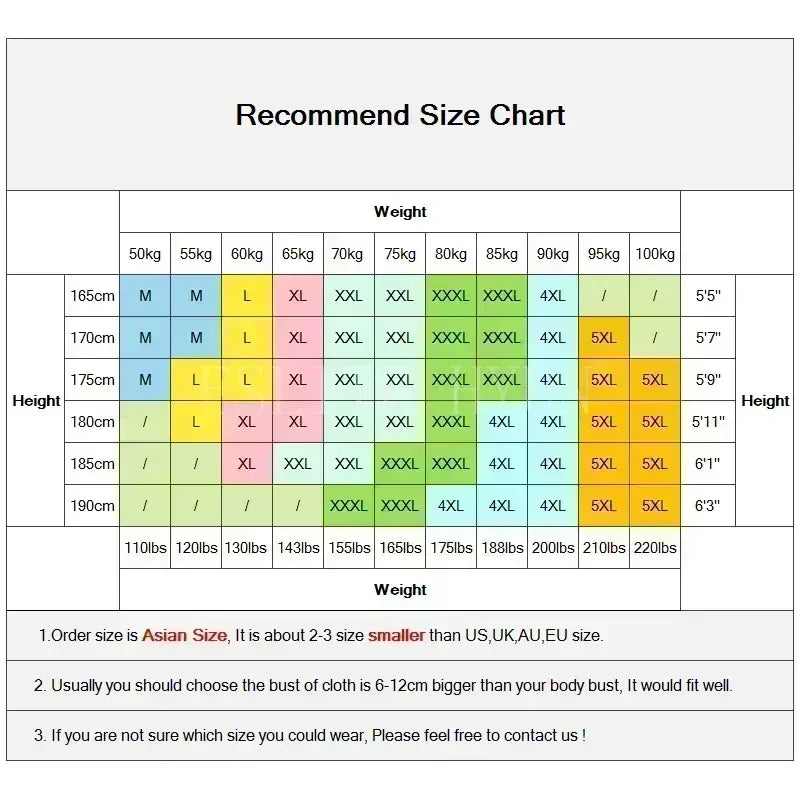 Asian size recommendation chart with color-coded height and weight for hip hop men hoodie flocked spider coat y2k sweatshirt