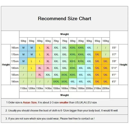 Asian size recommendation chart with color-coded height and weight for hip hop men hoodie flocked spider coat y2k sweatshirt