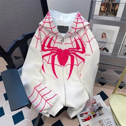 White zip-up hoodie with bold red spiderweb and spider-man graphic design in gothic y2k style for spring autumn wear