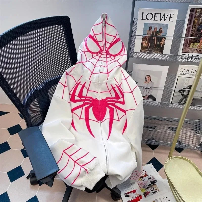 White spider-man hoodie with vibrant pink web and spider designs full zip gothic style y2k sweatshirt for spring autumn
