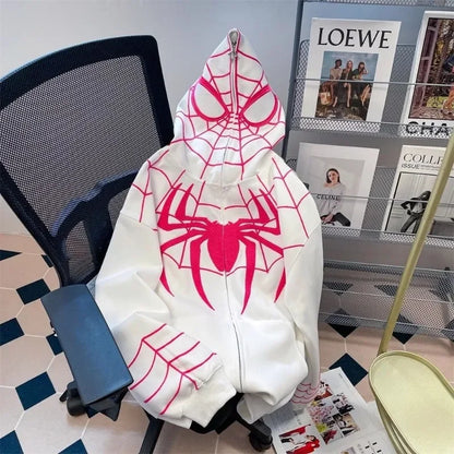 White spider-man hoodie with vibrant pink web and spider designs full zip gothic style y2k sweatshirt for spring autumn