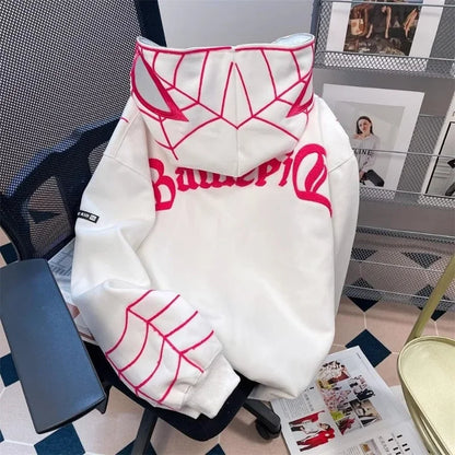 Back view of white hip hop hooded coat with pink spiderweb embroidery and ballerina lettering full zip up sweatshirt