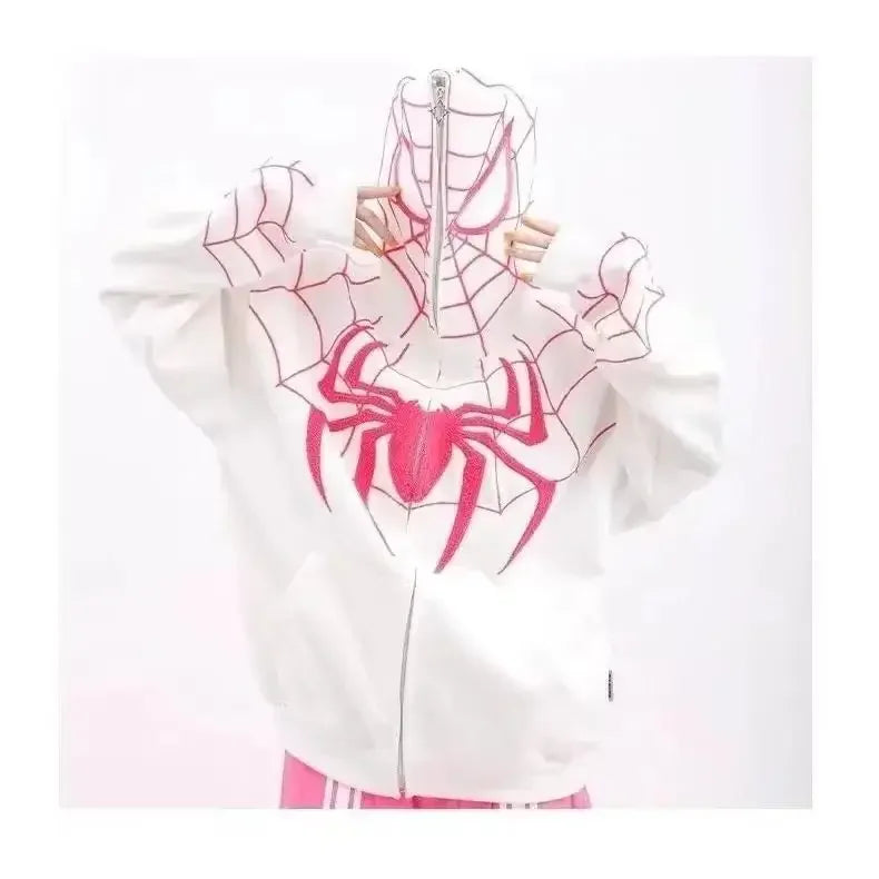 White spider-man hoodie with bold red spider emblem and web pattern in gothic style full zip up spring autumn coat