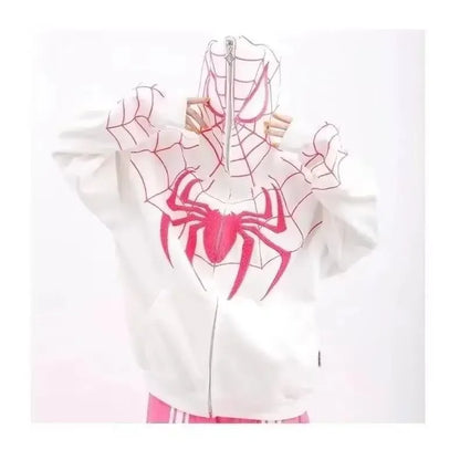 White spider-man hoodie with bold red spider emblem and web pattern in gothic style full zip up spring autumn coat