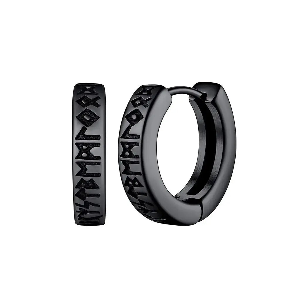 Black stainless steel matte finish huggie hoop earrings with rune inscriptions for hip hop street wear