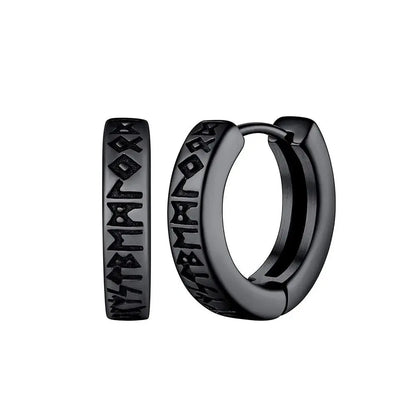 Black stainless steel matte finish huggie hoop earrings with rune inscriptions for hip hop street wear