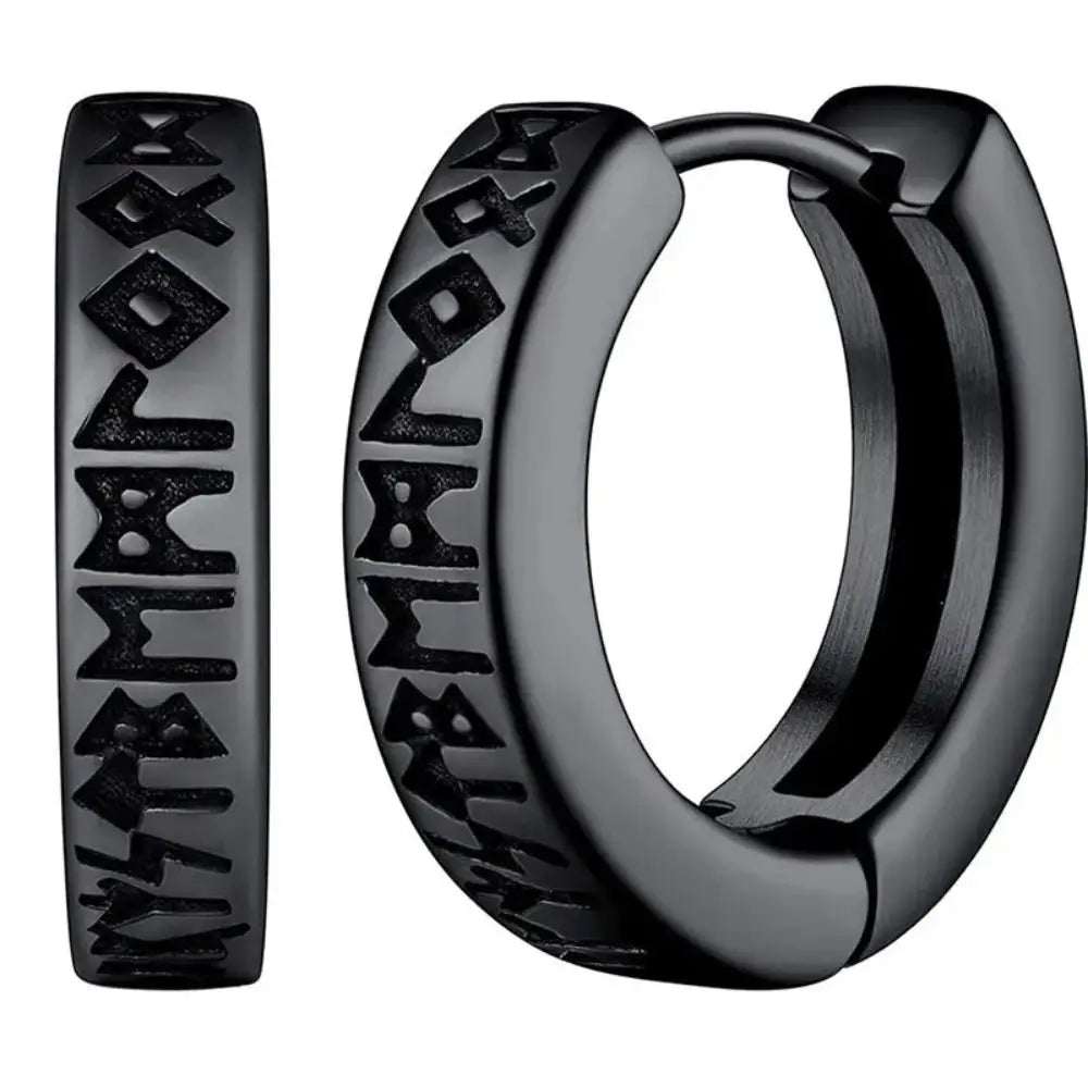 Black titanium steel hoop earrings with engraved runic symbols stainless steel korean style street wear accessory