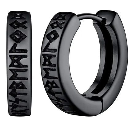 Black titanium steel hoop earrings with engraved runic symbols stainless steel korean style street wear accessory