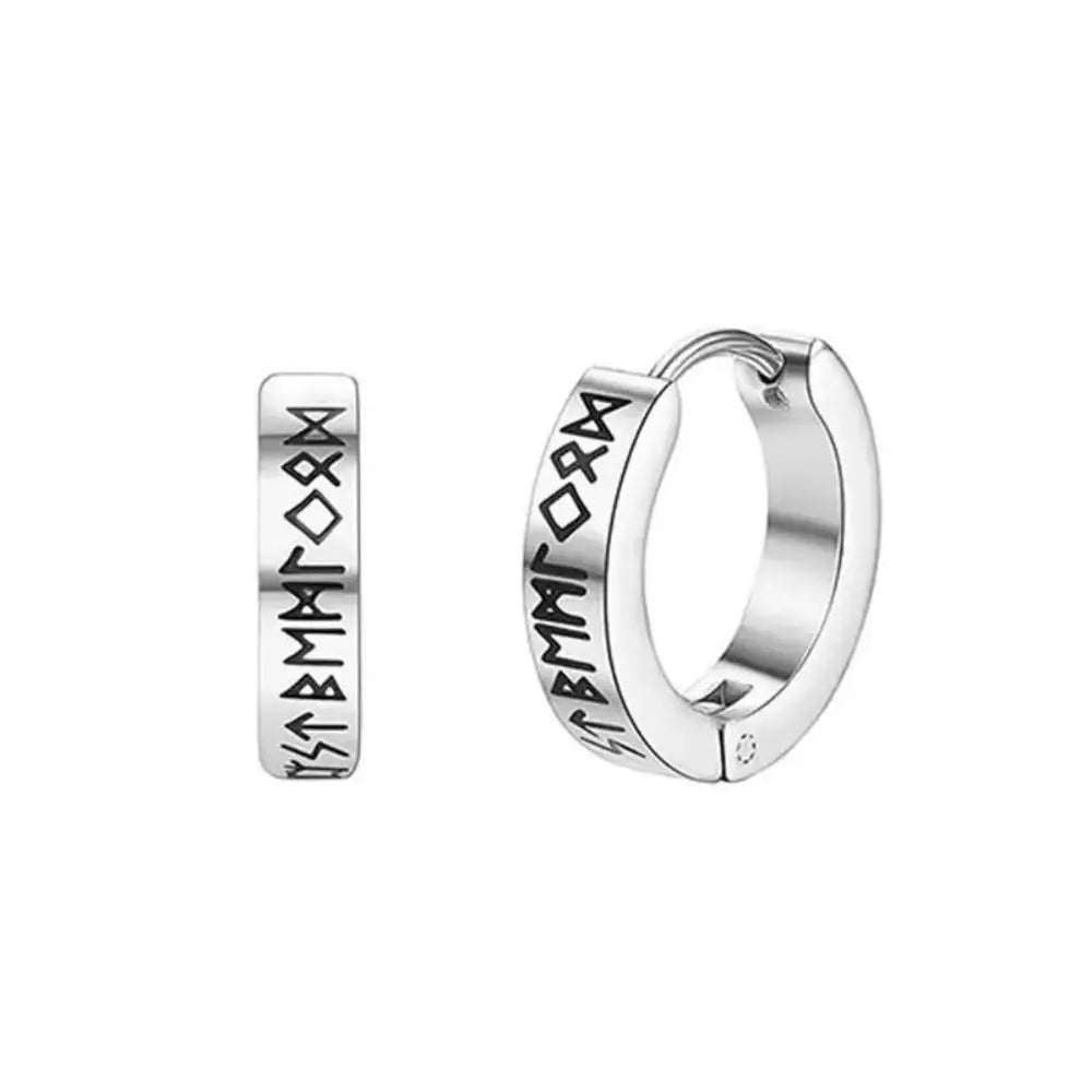 Silver stainless steel hoop earrings with engraved runic symbols in korean style for hip hop street wear