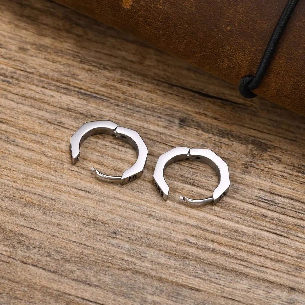 Silver-toned stainless steel hoop earrings with geometric design for hip hop men and women street wear