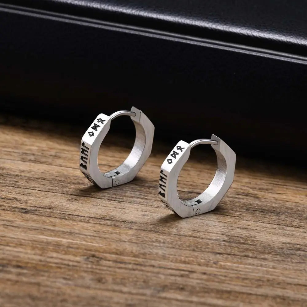 Silver-toned stainless steel hexagonal hoop earrings with engraved runes for hip hop men and women street wear