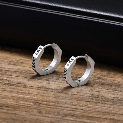 Silver-toned stainless steel hexagonal hoop earrings with engraved runes for hip hop men and women street wear