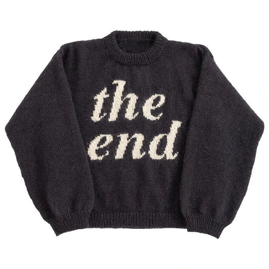 Dark gray knitted hip hop men street harajuku letter print sweater with cream the end graphic vintage pullover