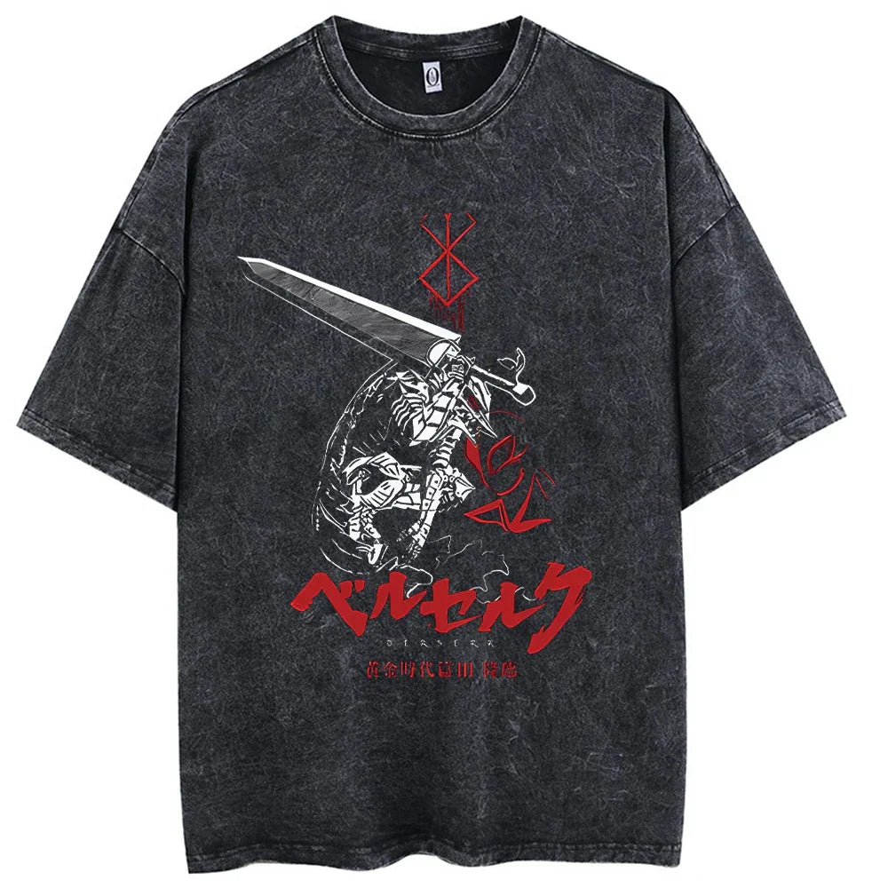 Black distressed cotton t-shirt men harajuku featuring vintage washed anime berserk graphic with sword and japanese text