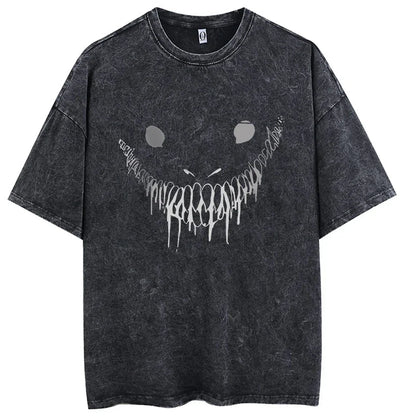 Black distressed cotton t-shirt with white dripping smiley face graphic hip hop men streetwear vintage washed anime shirt men harajuku