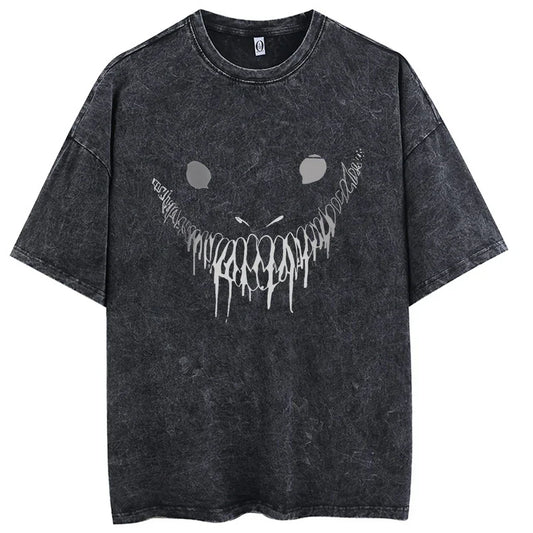 Black distressed cotton t-shirt with white dripping smiley face graphic hip hop men streetwear vintage washed anime shirt men harajuku
