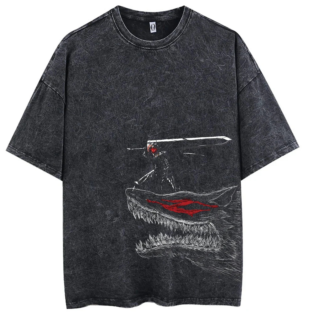 Black distressed cotton hip hop men streetwear t-shirt with vintage washed anime sword figure on shark design for harajuku style