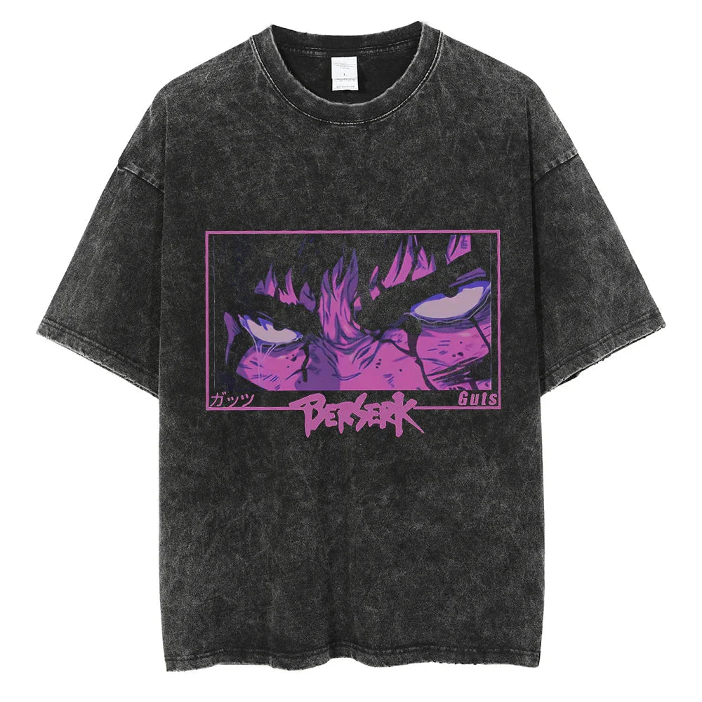 Black distressed cotton t-shirt men harajuku featuring vibrant purple and pink guts graphic vintage washed anime design