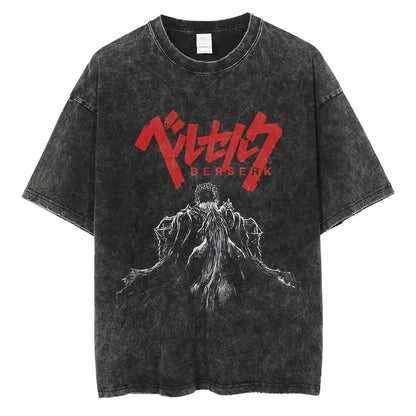 Black distressed cotton t-shirt with bold red berserk logo and white griffith illustration vintage washed anime shirt men harajuku