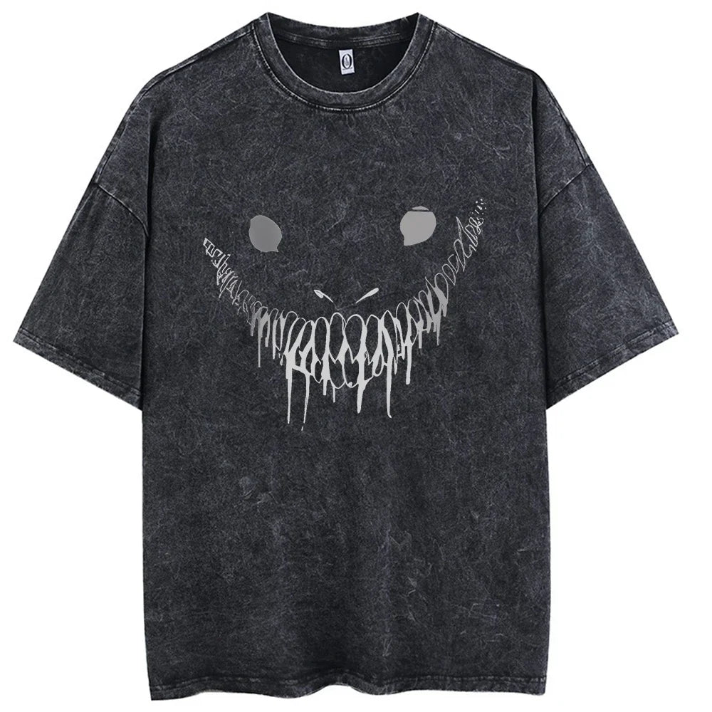 Black distressed cotton casual short sleeve hop men streetwear t-shirt with white dripping smiley face vintage washed anime graphic
