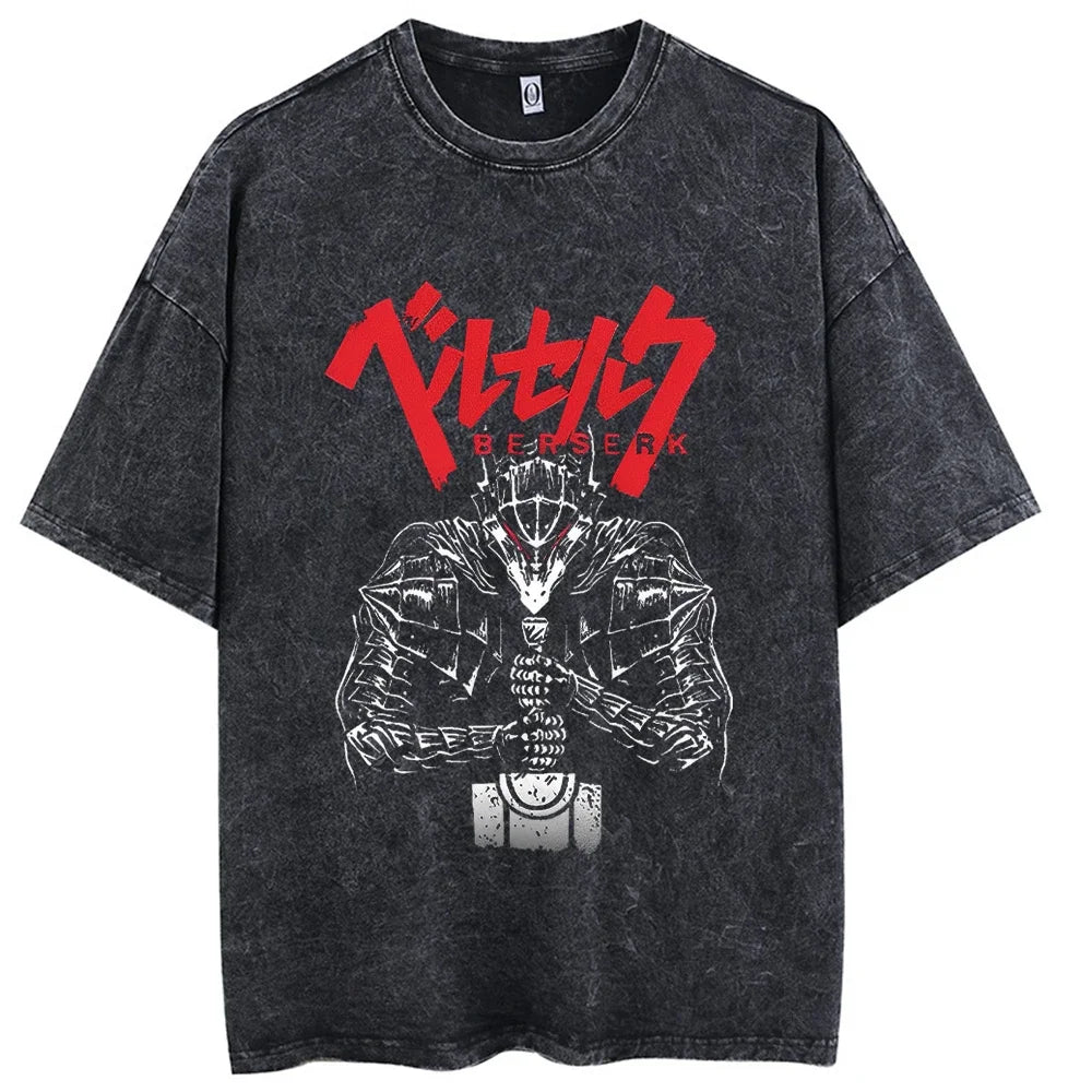 Black distressed cotton casual short sleeve t-shirt with bold red and white berserk graphic vintage washed anime design for hop men streetwear