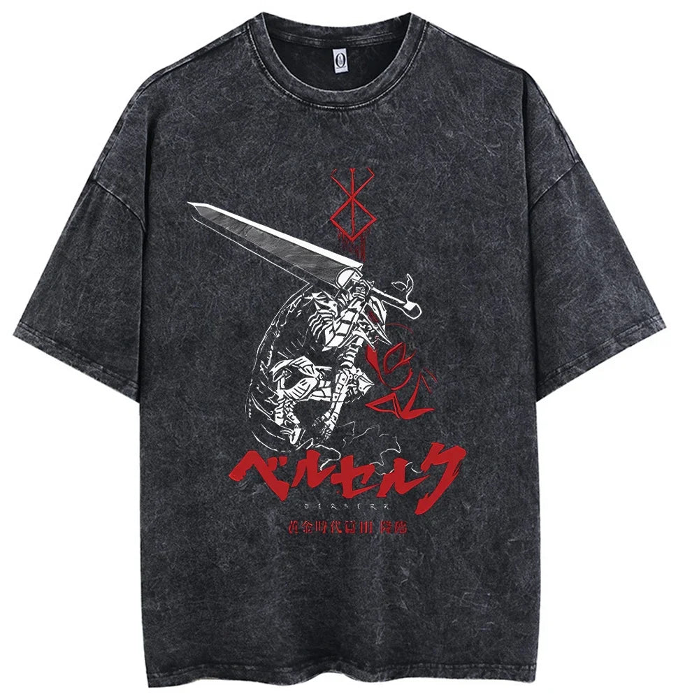 Black distressed cotton casual short t-shirt with vintage washed anime berserk graphic for hip hop men streetwear