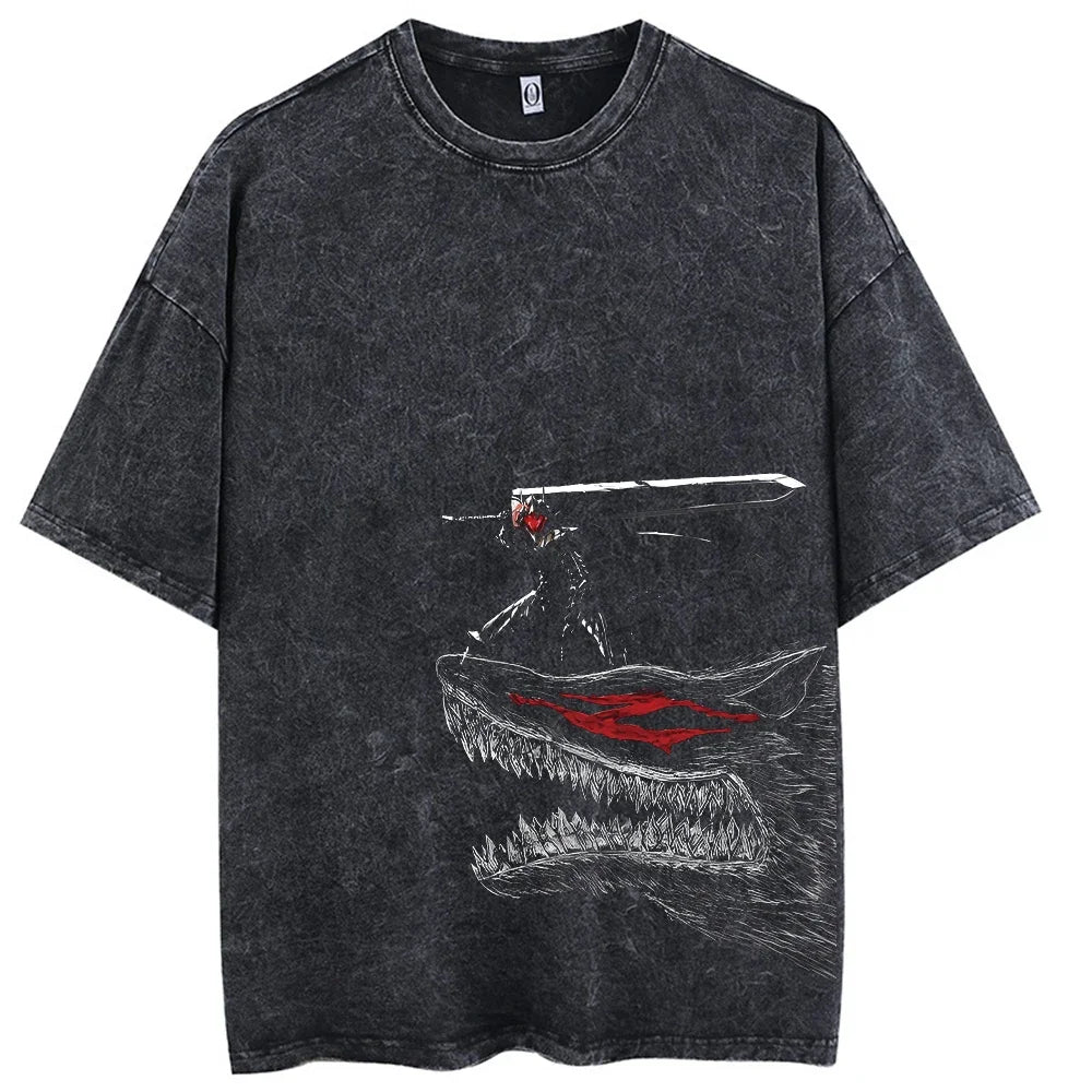 Black distressed cotton casual short t-shirt with vintage washed anime warrior and shark graphic for hop men streetwear
