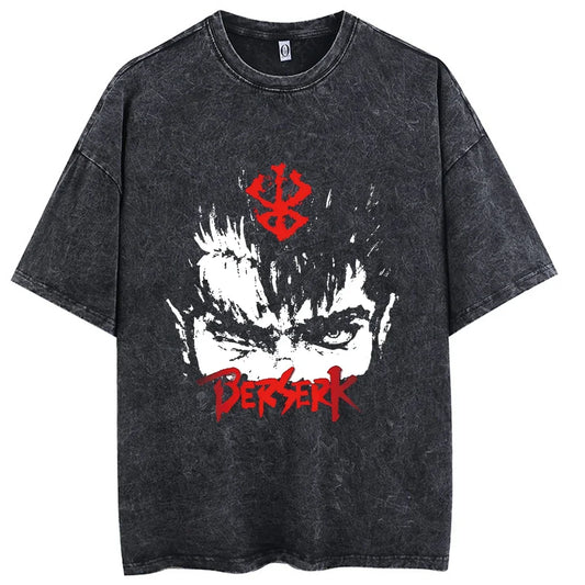 Black distressed cotton casual short sleeve t-shirt featuring vintage washed anime berserk graphic for hop men streetwear