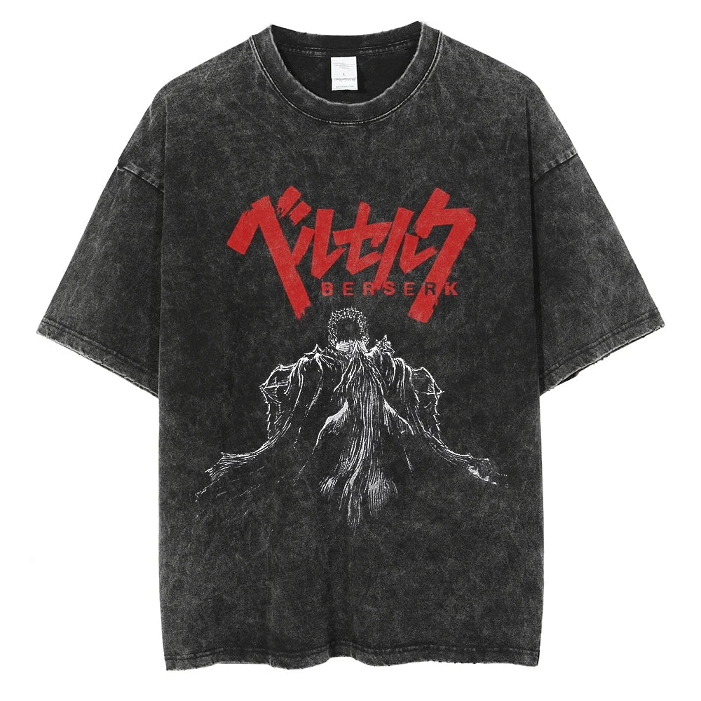 Black distressed cotton t-shirt with bold red berserk logo and white line-art illustration for hop men streetwear