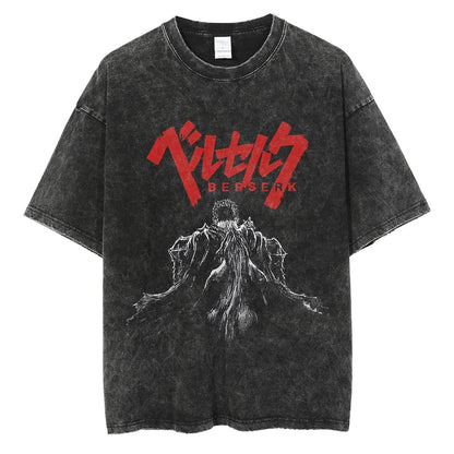 Black distressed cotton t-shirt with bold red berserk logo and white line-art illustration for hop men streetwear