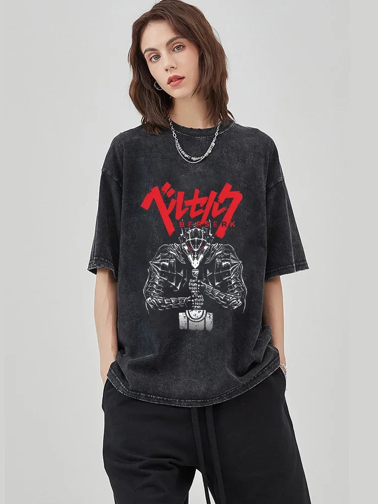 Black distressed cotton casual short sleeve hop men streetwear tee with red and white vintage washed anime jojo character print
