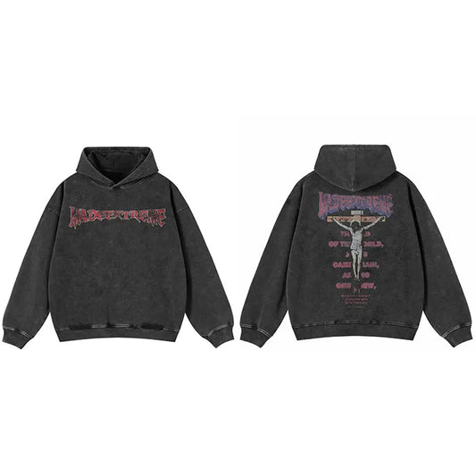 Black distressed cotton hoodie with faded red and purple jesus letter print on front and back for streetwear autumn use