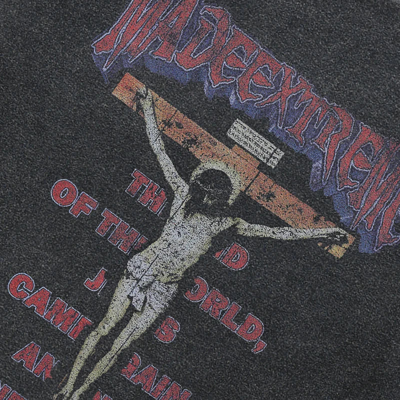 Dark gray heathered 100 cotton hip hop sweatshirt hoodie featuring distressed jesus graphic and bold made extreme lettering