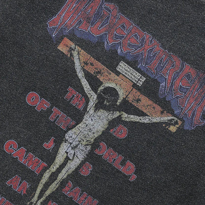 Dark gray heathered 100 cotton hip hop sweatshirt hoodie featuring distressed jesus graphic and bold made extreme lettering