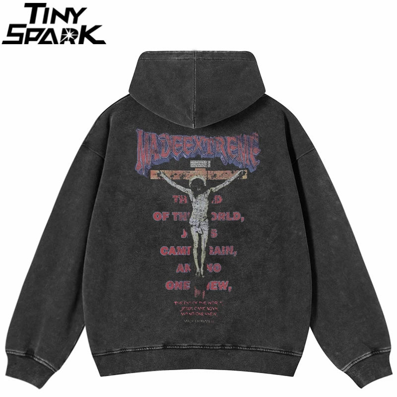 Black distressed 100 cotton hip hop men sweatshirt hoodie with jesus graphic print and purple pink text streetwear fade