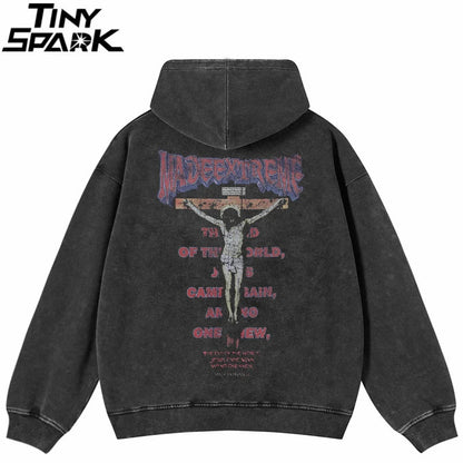 Black distressed 100 cotton hip hop men sweatshirt hoodie with jesus graphic print and purple pink text streetwear fade