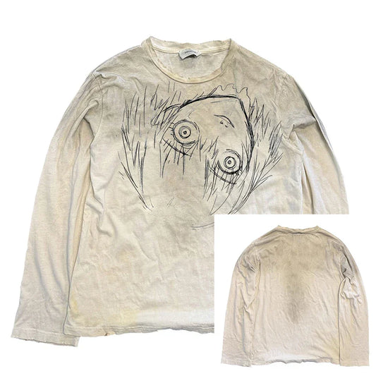 Off-white distressed long sleeve t-shirt with black ink stylized face sketch featuring punk oversized harajuku style
