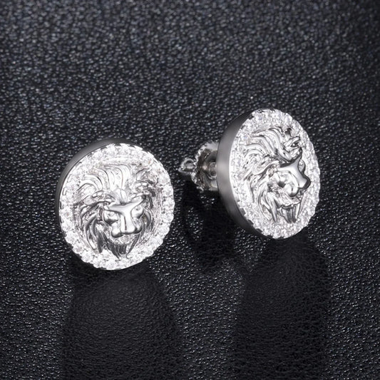 Silver lion head earrings with textured oval design and sparkling color inlaid rhinestone embellishments fashion gold