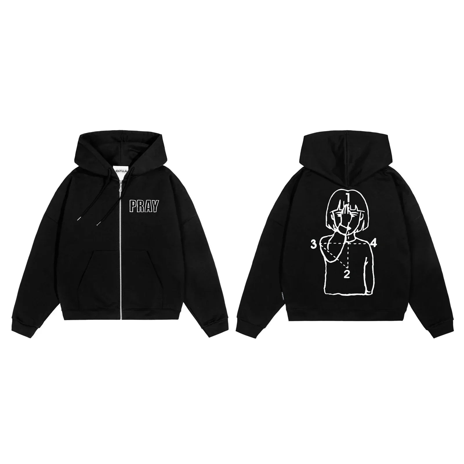 Black zipper hooded oversized hoodie pray graphic with white text front and minimalist line-art back streetwear jacket y2k