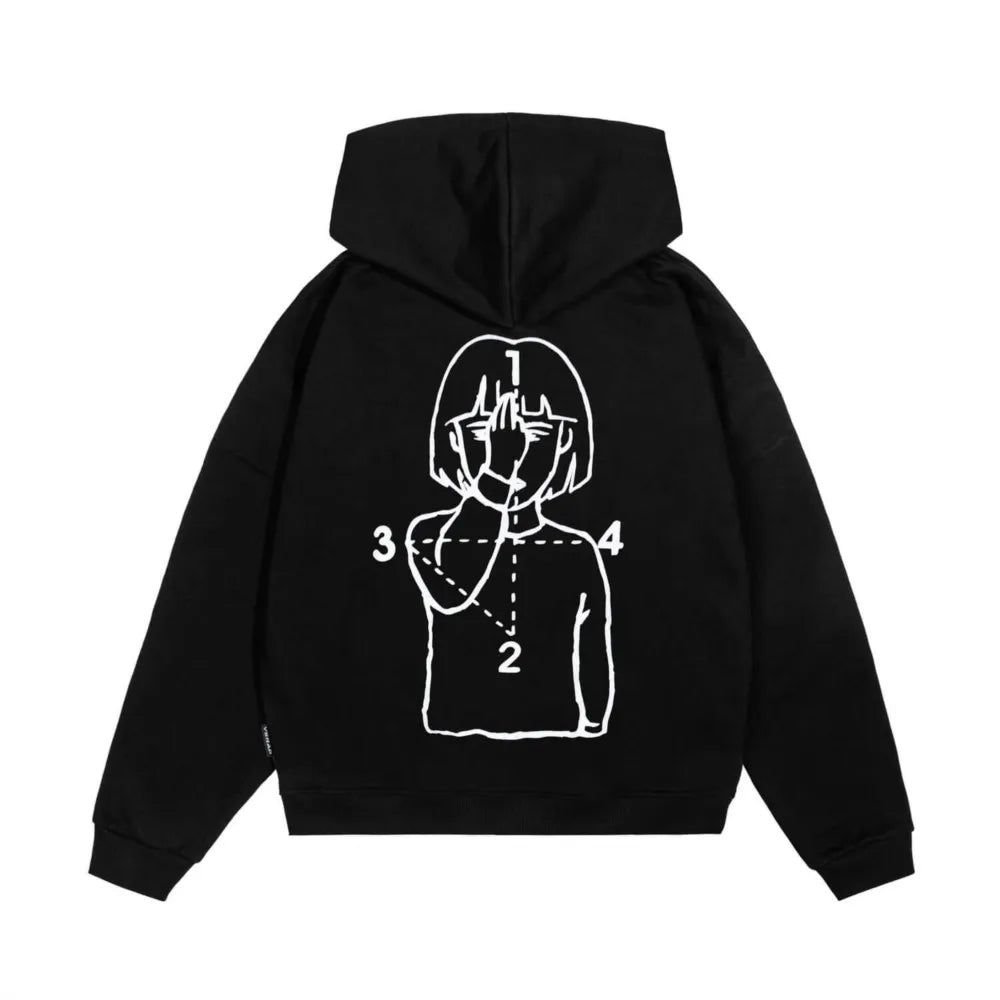 Black zip up hoodie with white anime girl line art featuring numbered lines streetwear jacket y2k zipper hooded oversized