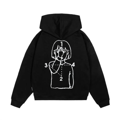 Black zip up hoodie with white anime girl line art featuring numbered lines streetwear jacket y2k zipper hooded oversized