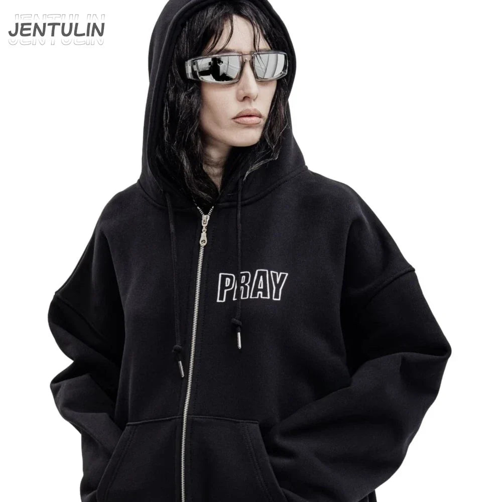 Black zip up hoodie with pray graphic print in white lettering, zipper hooded oversized streetwear jacket y2k style