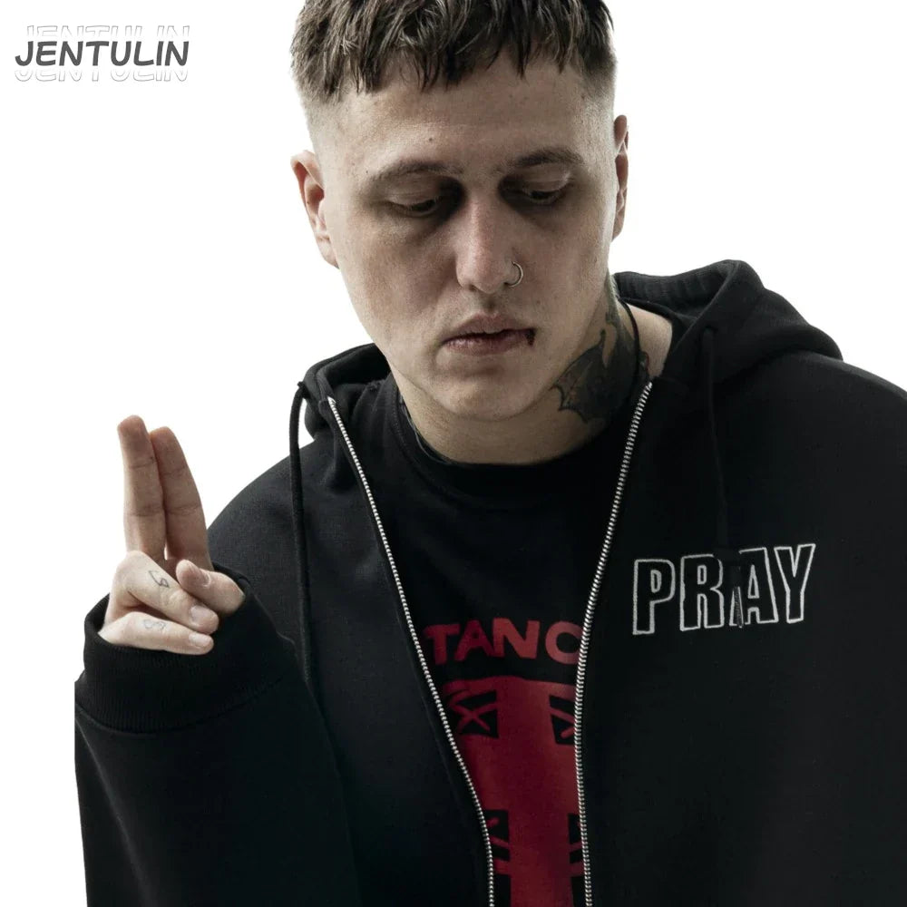 Black zipper hooded oversized hoodie pray graphic with white lettering and red print streetwear jacket y2k style