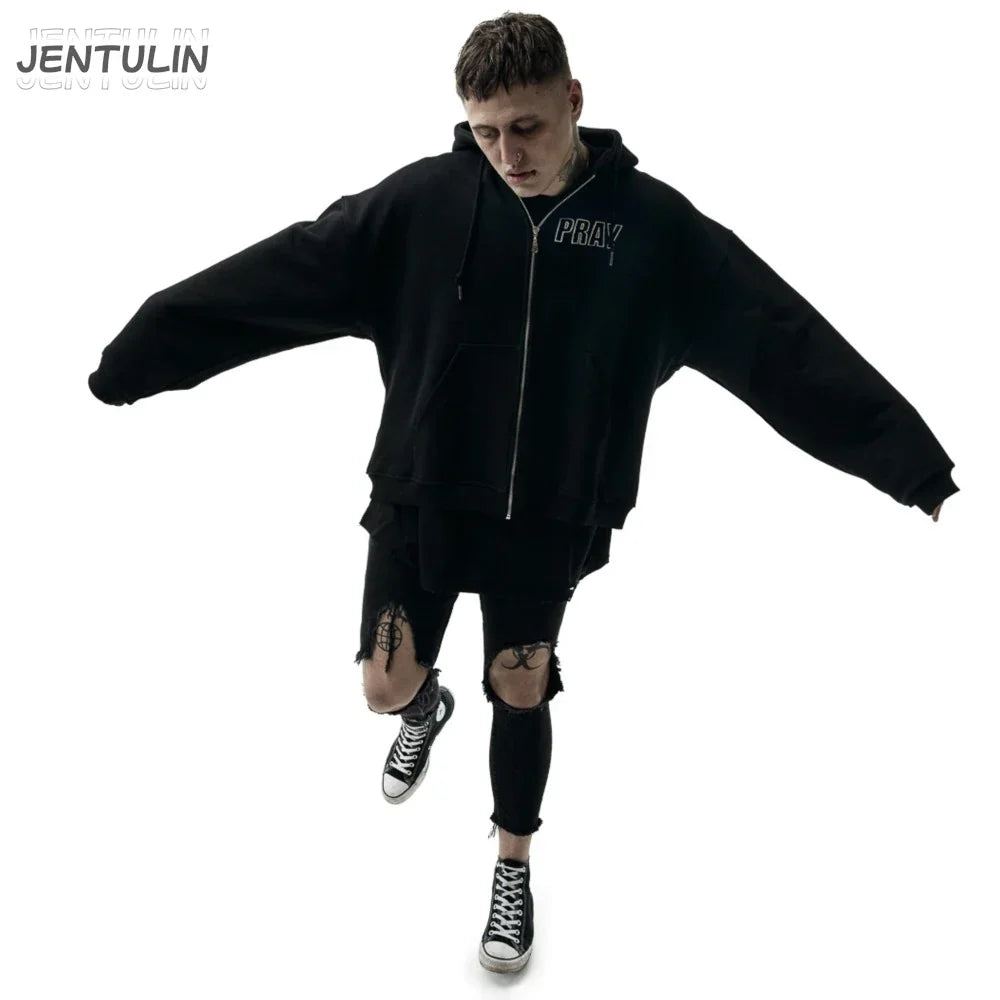 Black oversized zipper hooded hoodie pray graphic with white embroidery streetwear jacket y2k style for men and women