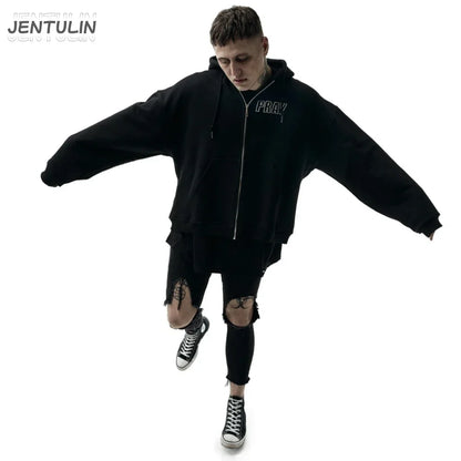 Black oversized zipper hooded hoodie pray graphic with white embroidery streetwear jacket y2k style for men and women