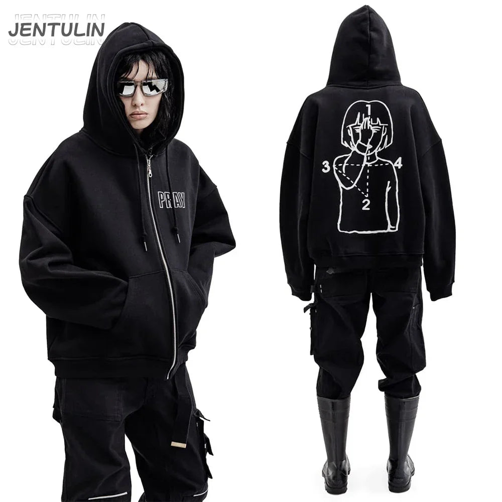 Black jentulin zipper hooded oversized hoodie with white pray graphic print streetwear jacket y2k style clothing